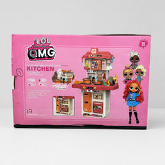 LOL Surprise OMG Kitchen box front, pink kitchen unit with fridge, stove, four OMG doll characters and the 35 PCS badge