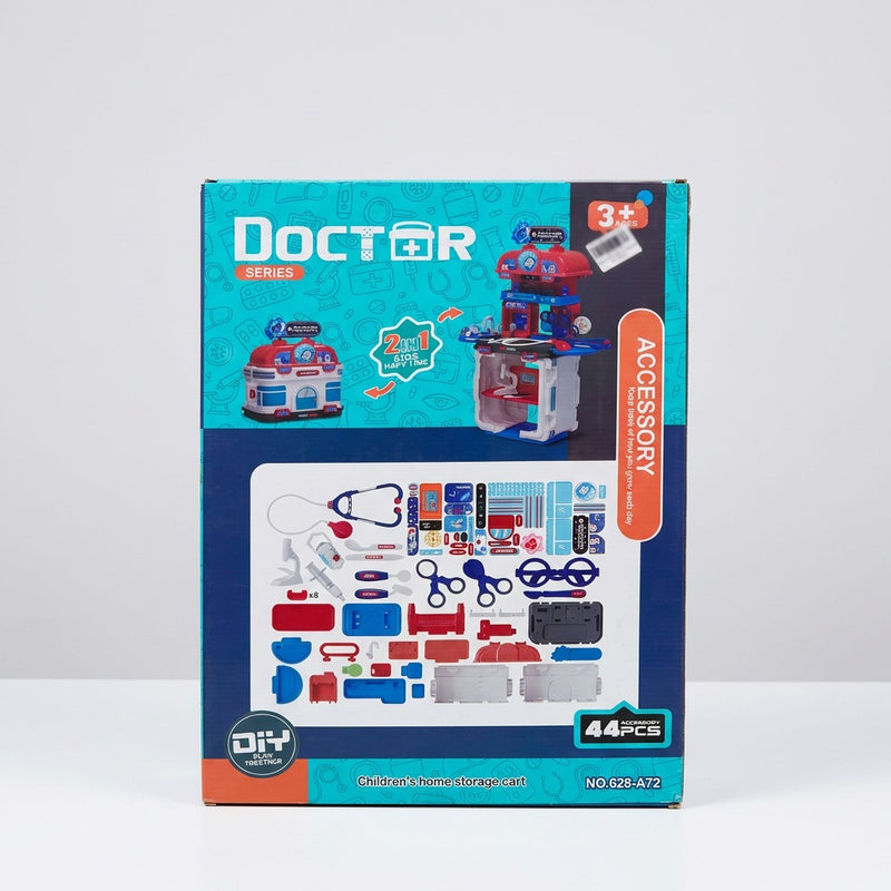 Box front, Accessory panel showing the 44-piece parts layout for the doctor cart