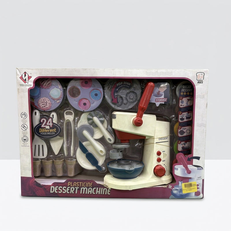 Box front, Plasticine Dessert Machine with the 24 Different Food Molds badge and accessories