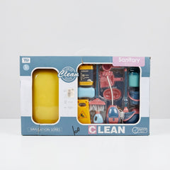 Box front, Clean Sanitary Ware set with the trolley, vacuum, mop, broom and bucket