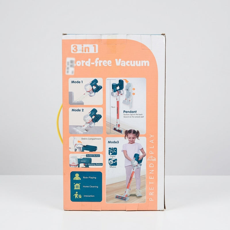 Box back, 3 in 1 Cord-free Vacuum showing Mode 1/2/3 and the Debris Compartment callouts