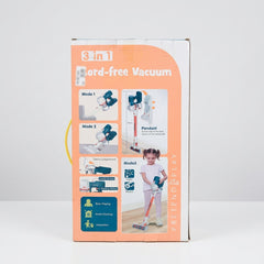 Box back, 3 in 1 Cord-free Vacuum showing Mode 1/2/3 and the Debris Compartment callouts