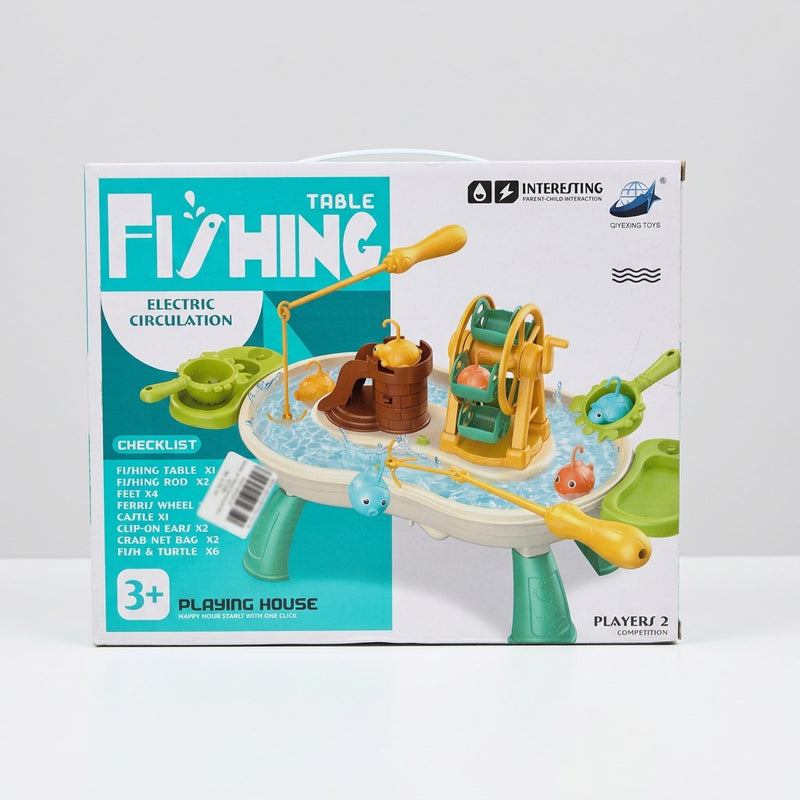 Table Fishing box front showing the water table, fishing rods, ferris wheel and castle, Ages 3+ badge