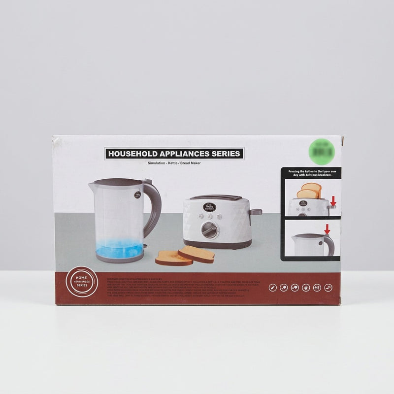 Back of the box showing the kettle and toaster side by side with the battery-replacement steps