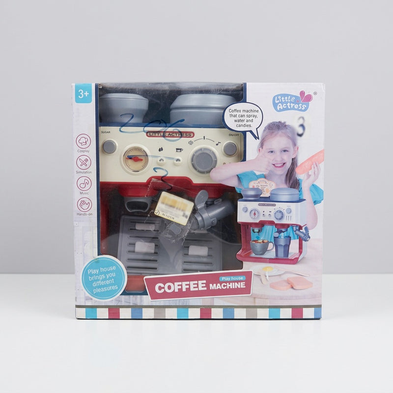 Little Actress Coffee Machine box front, showing the sugar dial, pressure gauge and lidded canisters