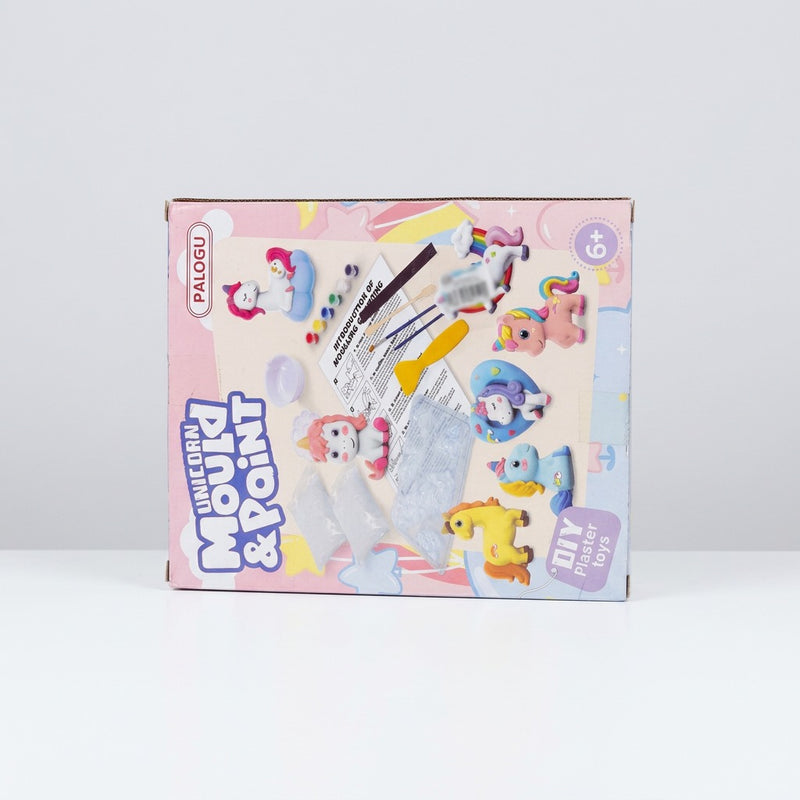 Mould & Paint Craft Kit box front, the plaster powder packets, mixing bowl, mould, paints and finished unicorn figures