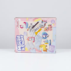 Mould & Paint Craft Kit box front, the plaster powder packets, mixing bowl, mould, paints and finished unicorn figures