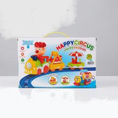 Happy Circus electric track train box front showing the clown engine, pirate ship and carousel