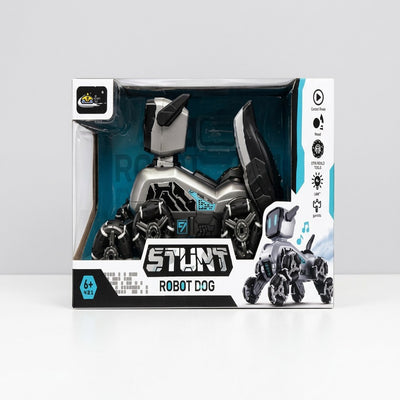Stunt Robot Dog box front, showing the silver and black robot dog on its wheeled legs, with the 6+ age badge and feature icons