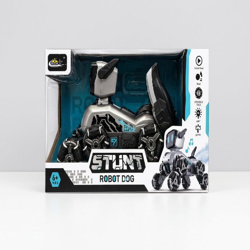 Stunt Robot Dog box front, showing the silver and black robot dog on its wheeled legs, with the 6+ age badge and feature icons