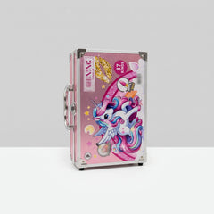 Closed pink glitter makeup case printed with a unicorn and a "37 kinds" badge on the front