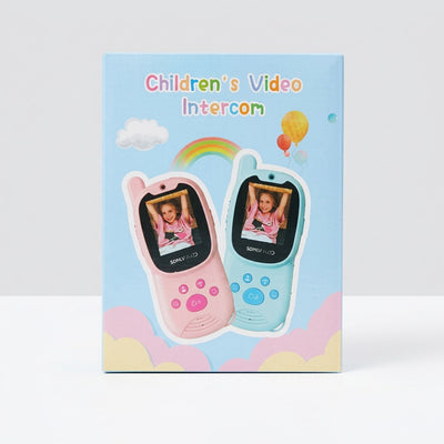 Children's Video Intercom box, showing pink and teal handsets with paw-print buttons