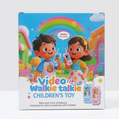 Video walkie talkie set box, showing blue and pink handsets with screens