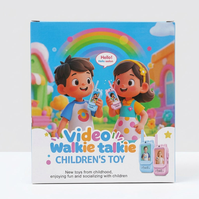 Video walkie talkie set box, showing blue and pink handsets with screens