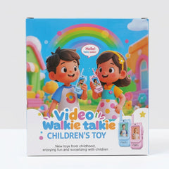 Video walkie talkie set box, showing blue and pink handsets with screens