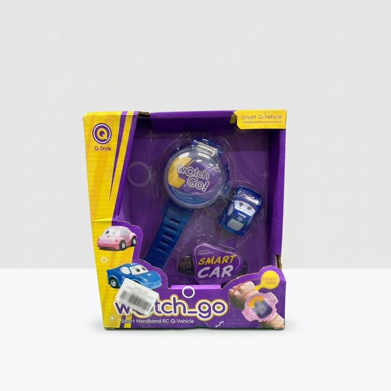 Watch Go box front, blue wrist controller and small police car in a purple tray