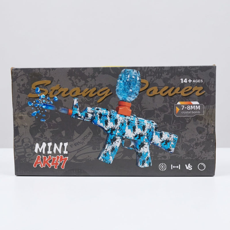 Mini AK47 water bullet gun box front, blue graffiti gun with a clear bead bottle on top