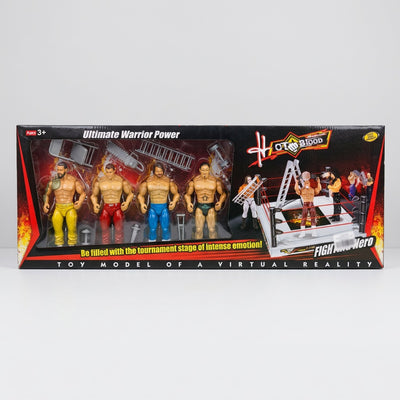 Fighting Hero box front with four wrestler figures in yellow, red, blue and dark green trunks