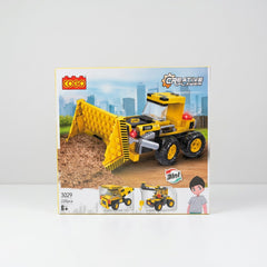 Yellow building-block construction truck box, front panel showing the built tipping dump truck, 220pcs 6+