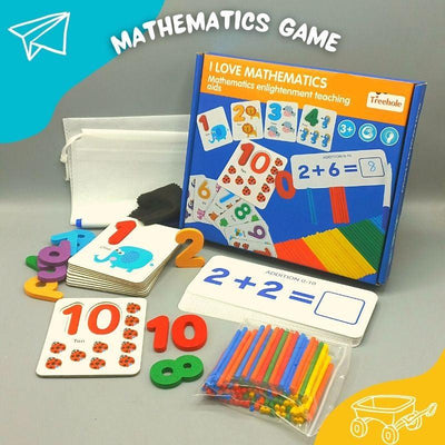 Mathematics Learning Kit box art showing the addition cards, wooden numbers and bag of counting sticks, with a "3+" age icon