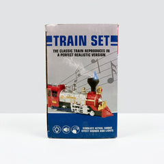 Side of the box listing Battery Operated, Bump and Go Action, Working Headlight, Realistic Train Sound