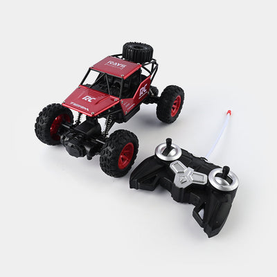 RC Rock Crawler Off-Road Car in red with a roll cage and off-road tyres, shown beside its twin-joystick remote control