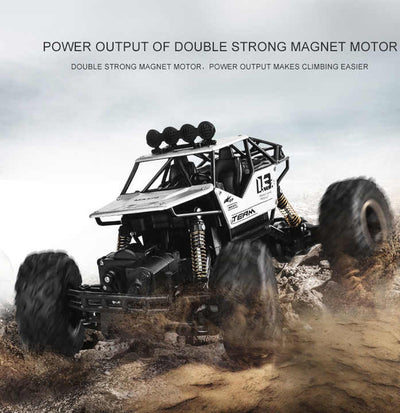 RC Rock Crawler Off-Road Truck kicking up dirt outdoors, showing its four-wheel drive and climbing power