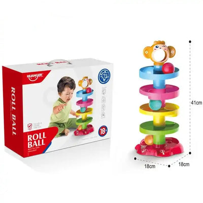 Box front for the Huanger Monkey Ball Drop Tower, showing a toddler playing with it and an "18+" age badge