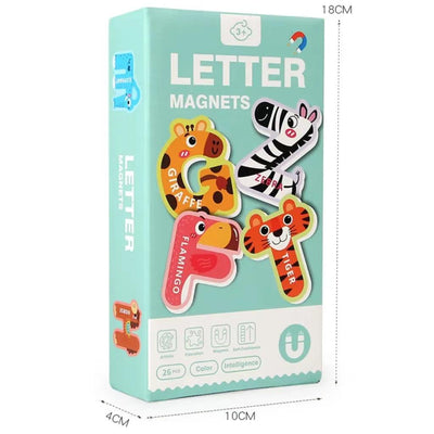 Box front for the Animal Alphabet Magnetic Letters, marked "3+", with the G, Z, F and T letters shown as giraffe, zebra, flamingo and tiger designs