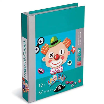 Magnéti'Book box standing upright, showing a clown face made of magnets