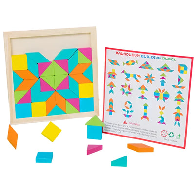 Wooden geometric shape puzzle in a square frame filled with a symmetrical mosaic pattern of coloured triangle and square pieces, a few pieces and the pattern card lifted out beside it