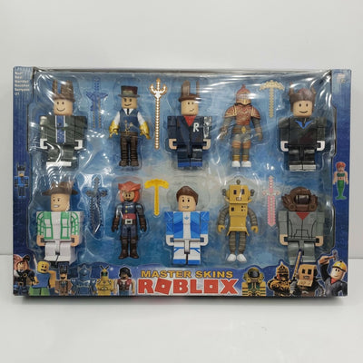 Roblox Master Skins figure 10-pack window box, showing all ten blocky characters and their weapon accessories