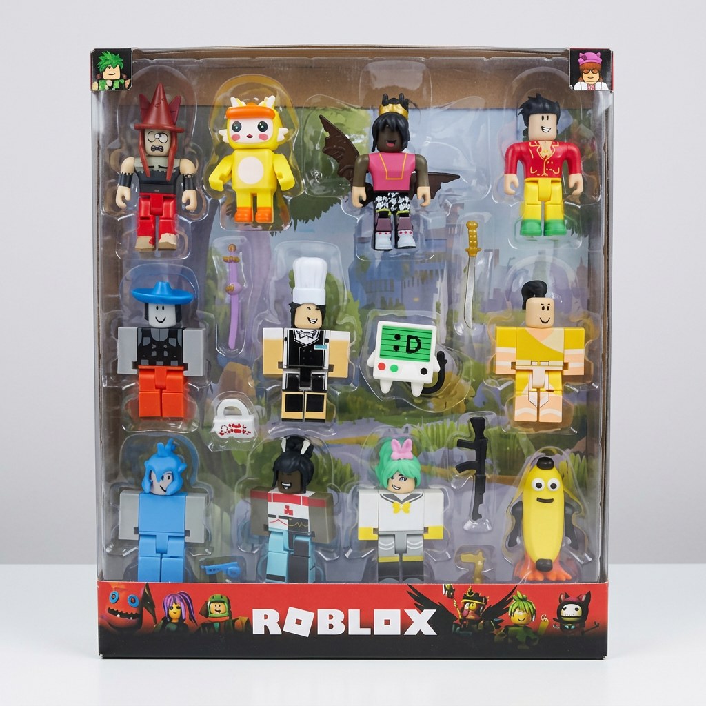 Roblox figure 12-pack window box, showing all twelve blocky characters and their accessories in the blister tray
