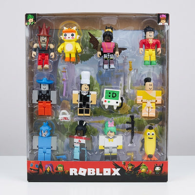Roblox figure 12-pack window box, showing all twelve blocky characters and their accessories in the blister tray