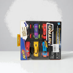 NERF Nitro six-pack card with six foam cars in the tray and the 5+ age line on the edge