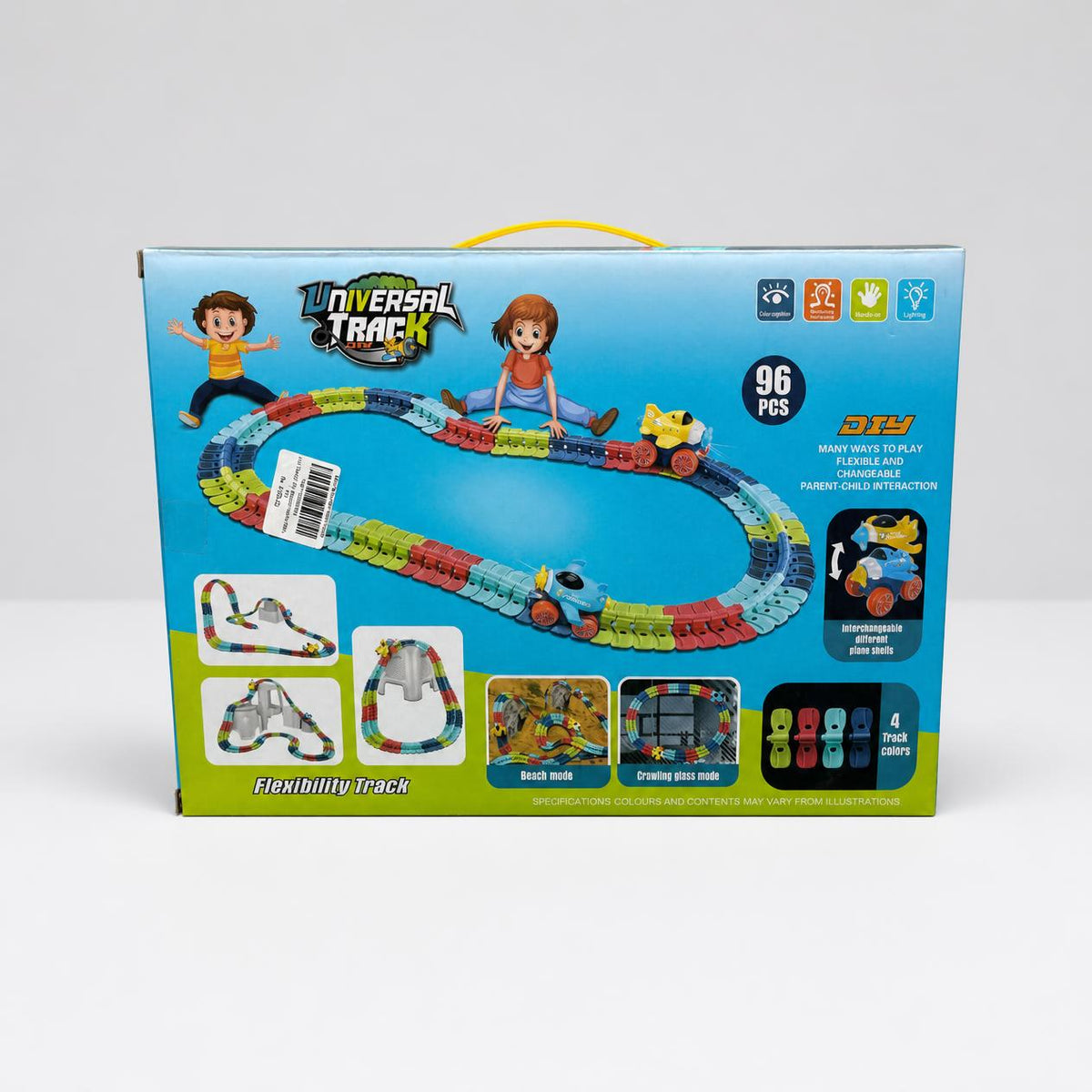 Universal Track box back showing children laying the flexible track into a loop