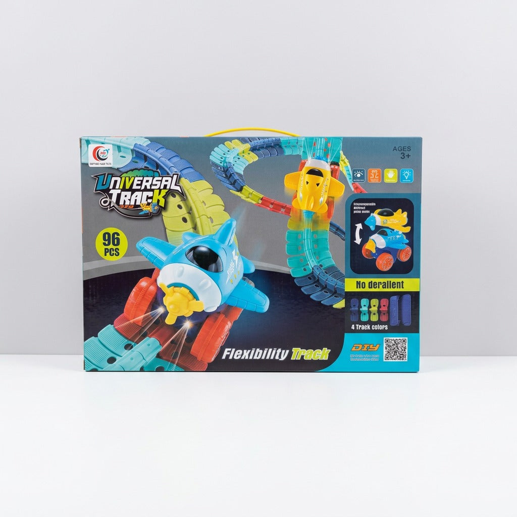 Close-up of the rainbow flexible track with the shop price sticker for the Anti Gravity rail