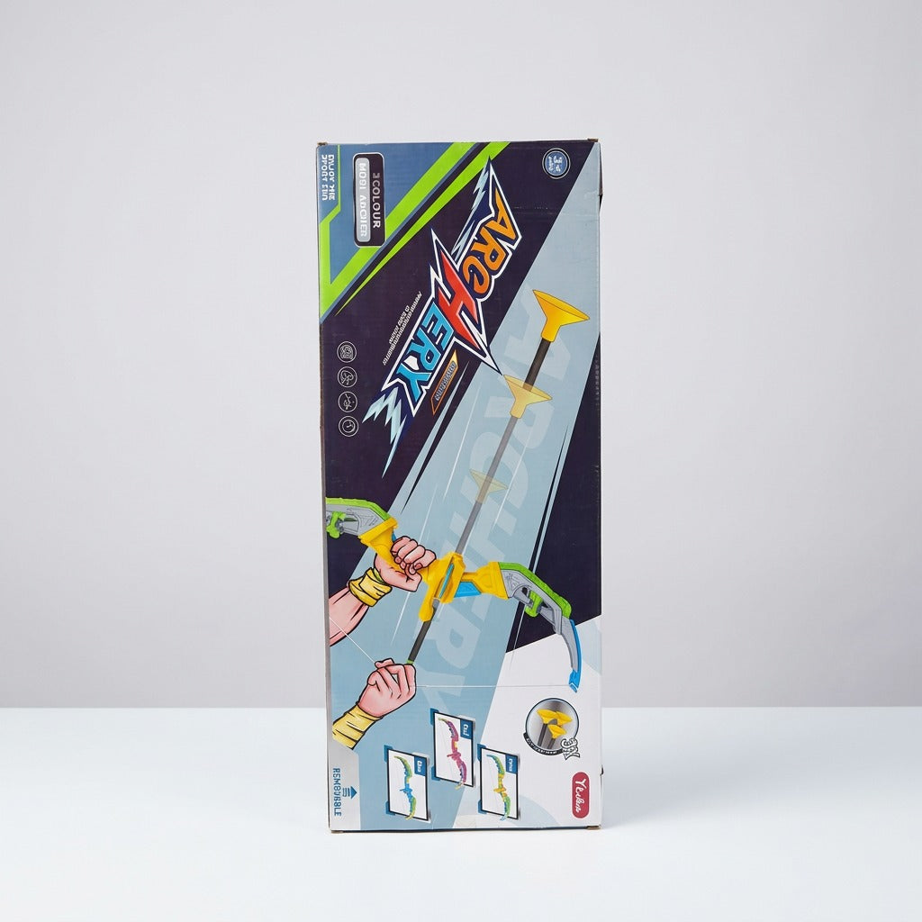 Box back showing a child drawing the bow and the three colourways