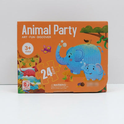 Animal Party 24-piece jigsaw puzzle box front, blue elephant blowing bubbles with a bird, flower and crab, 3+ ages badge