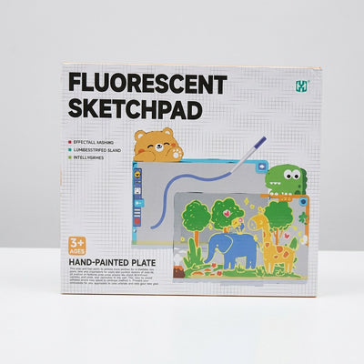 Fluorescent Sketchpad box front, hand-painted jungle scene plate with a bear, crocodile and elephant, 3+ age badge