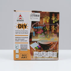 Light-up acrylic drawing board box front, glowing doodle board on a stand with marker pens shown