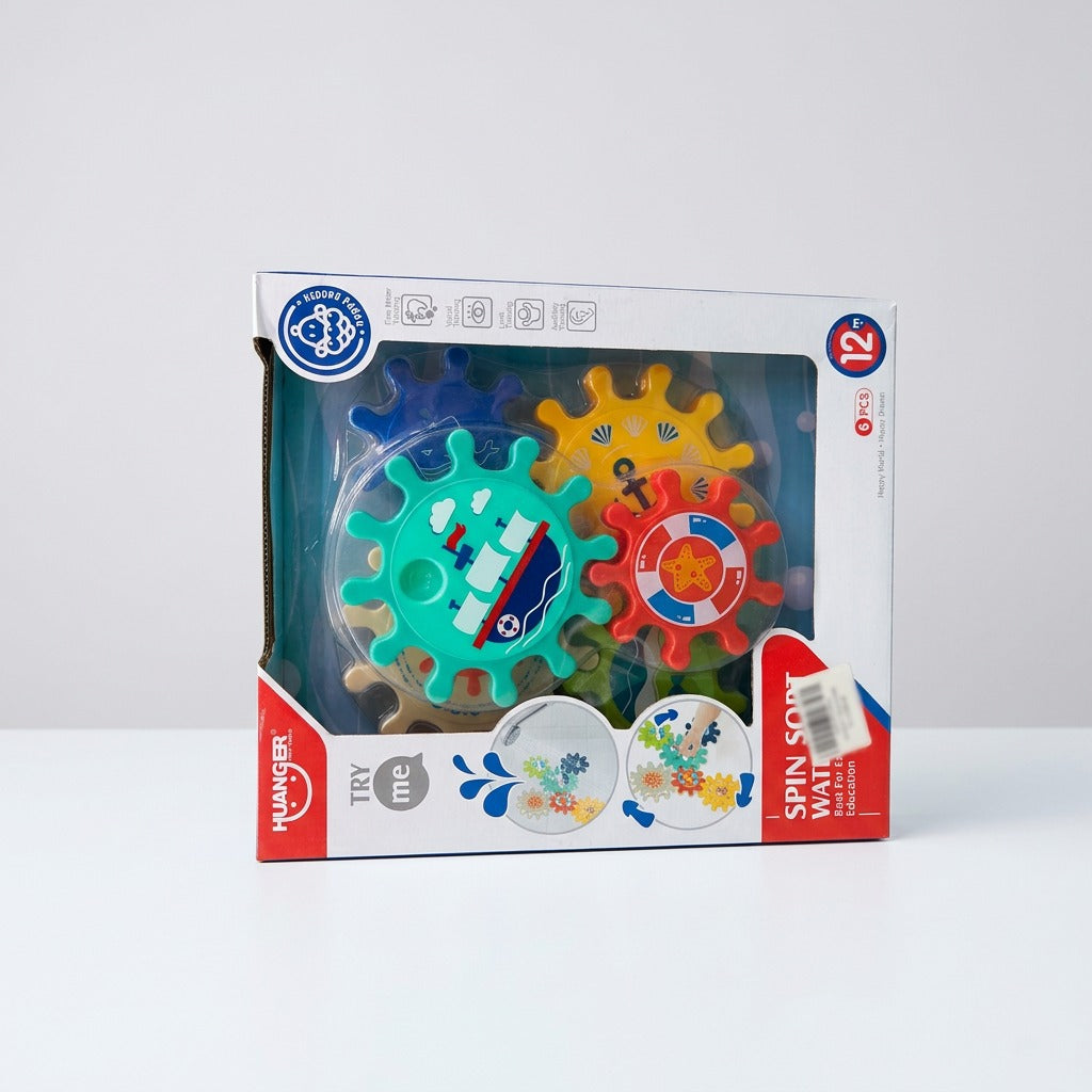 Huanger Spin Sort Water Toy box front with the gear wheels in the window and the 12m+ badge