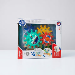Huanger Spin Sort Water Toy box front with the gear wheels in the window and the 12m+ badge