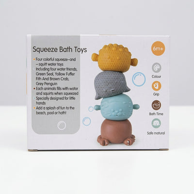 Squeeze Bath Toys box back, showing the stacked seal, puffer fish, crab and penguin figures with the 6m+ age roundel and feature icons