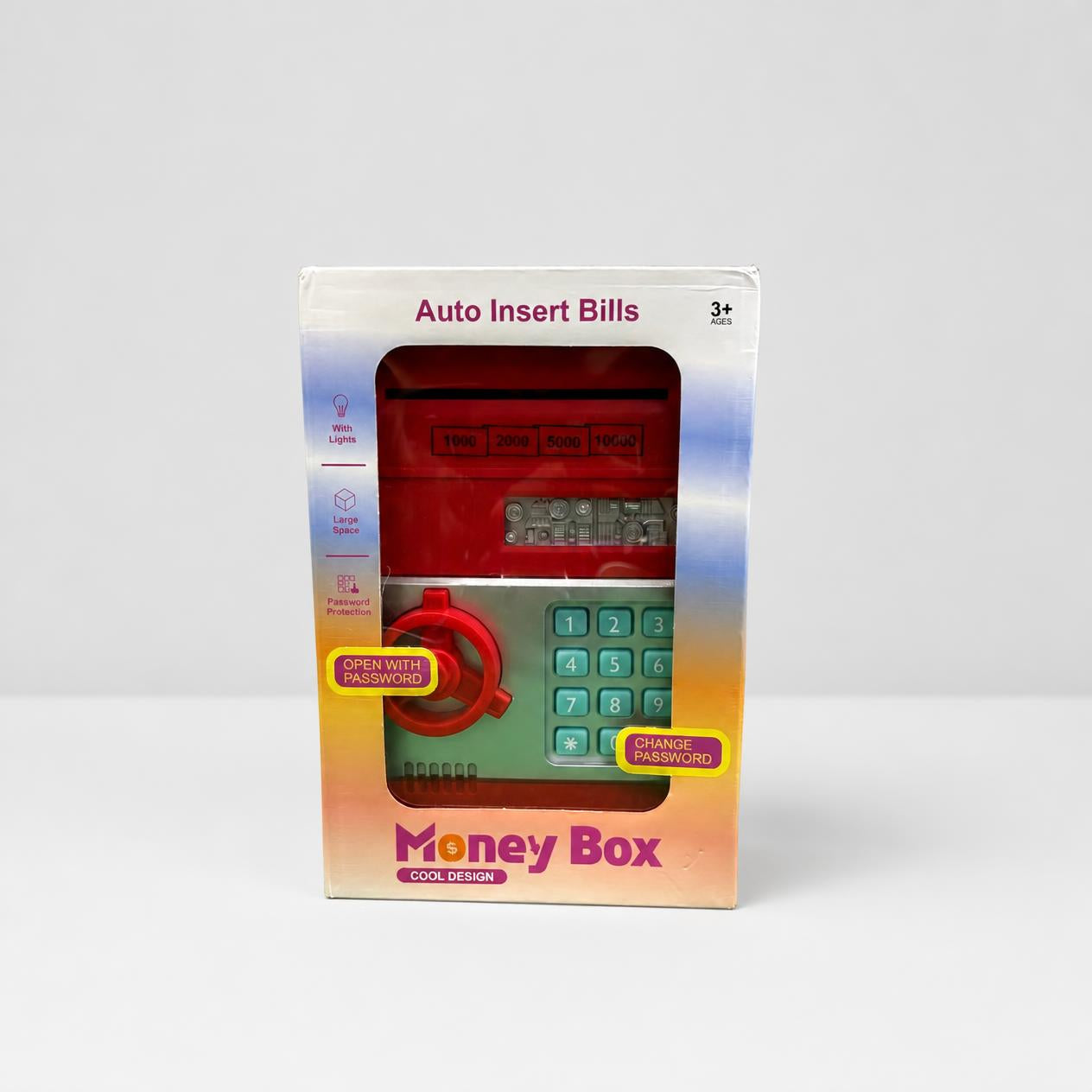 Money Box front showing the red safe, bill slot, keypad and the 3+ age mark