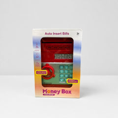 Money Box front showing the red safe, bill slot, keypad and the 3+ age mark