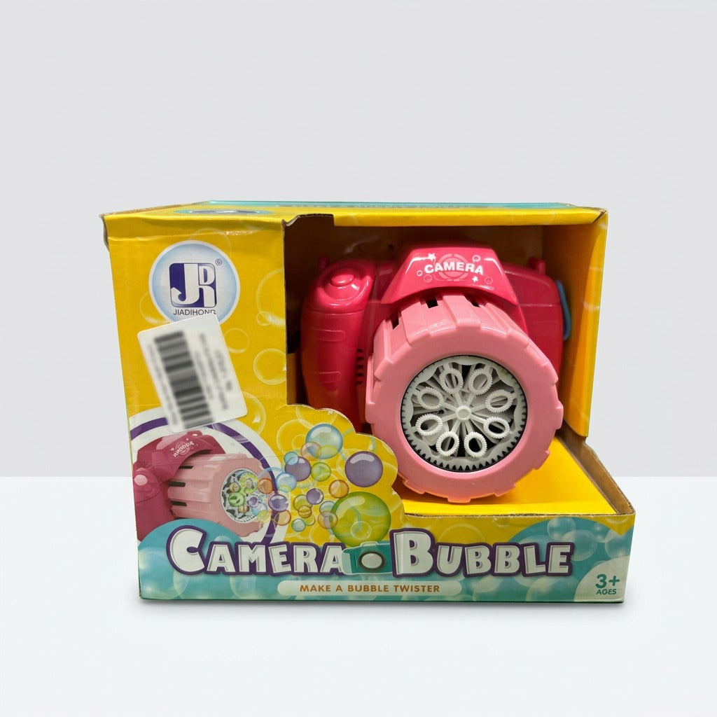 Pink bubble camera in its open display box, multi-hole wheel facing out