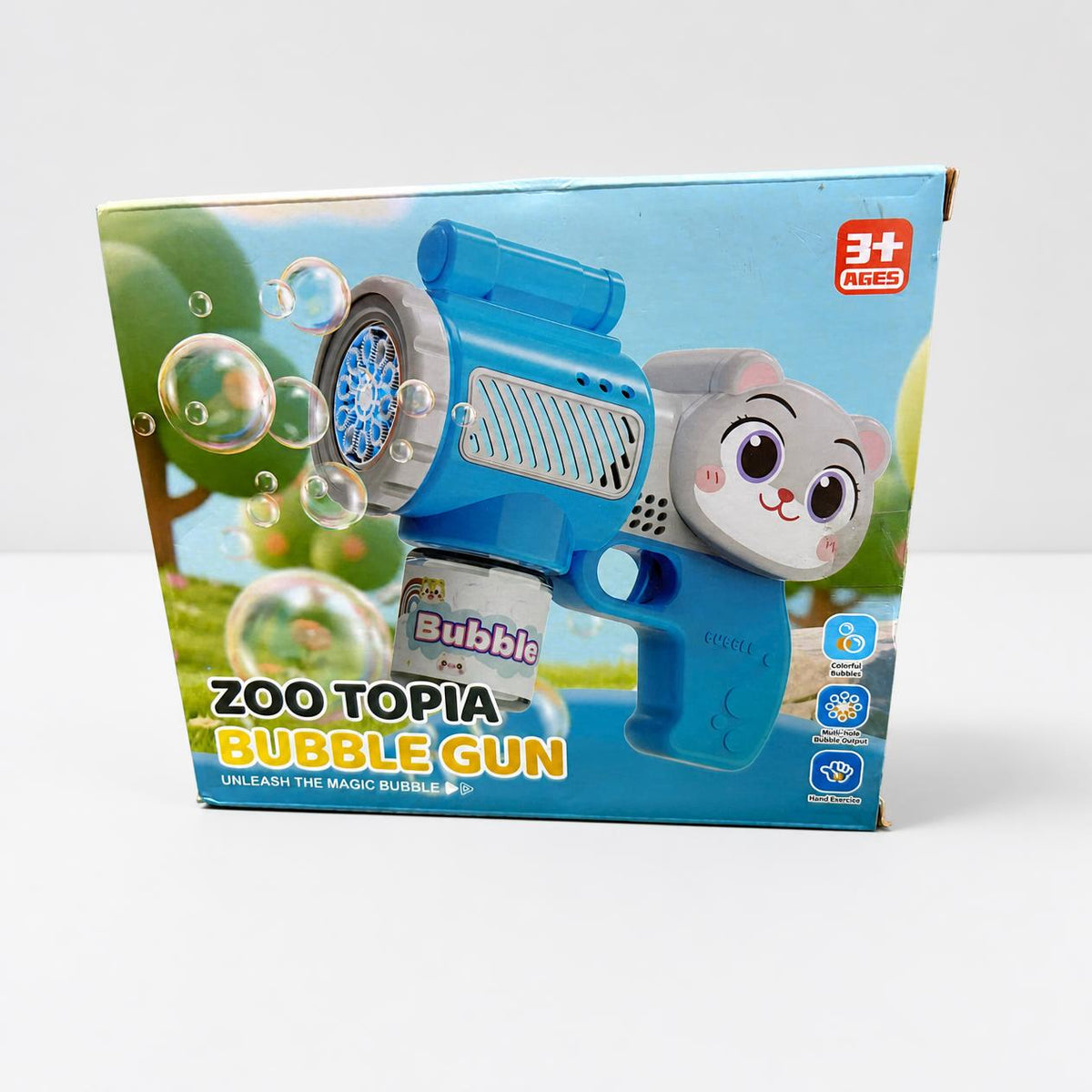 Zoo Topia bubble gun box front, blue animal-faced bubble gun with a solution bottle