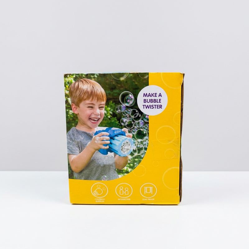 Side panel with a child blowing bubbles and the make-a-bubble-twister badge
