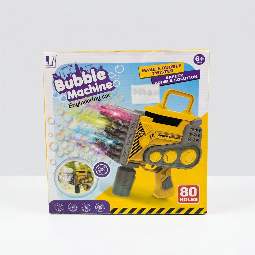 Bubble Machine Engineering Car box front, yellow digger-style bubble gun with the 80 holes badge